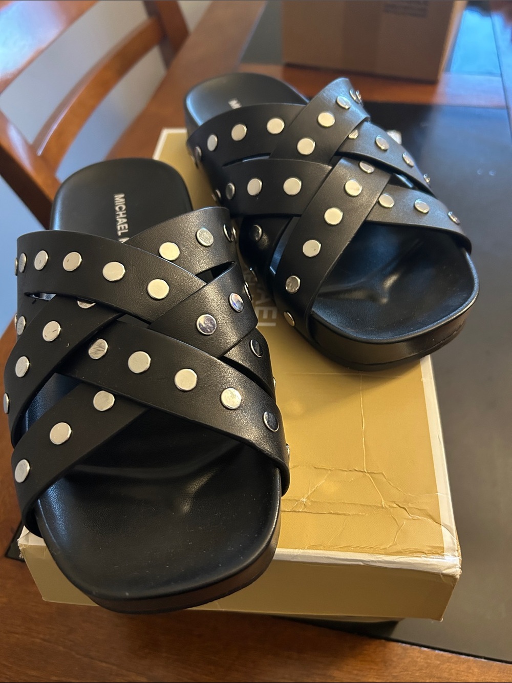 Michael Kors Black Studded Crisscross Slide Sandals